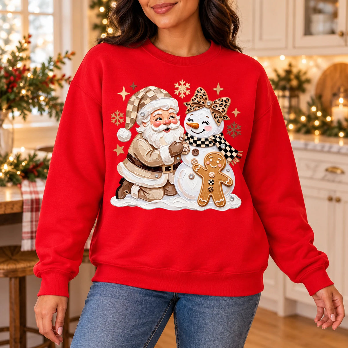 Christmas Outfit for Women, Santa Snowman Gingerbread Sweatshirt, Cute Coquette Holiday Graphic, Vintage Winter Xmas Style