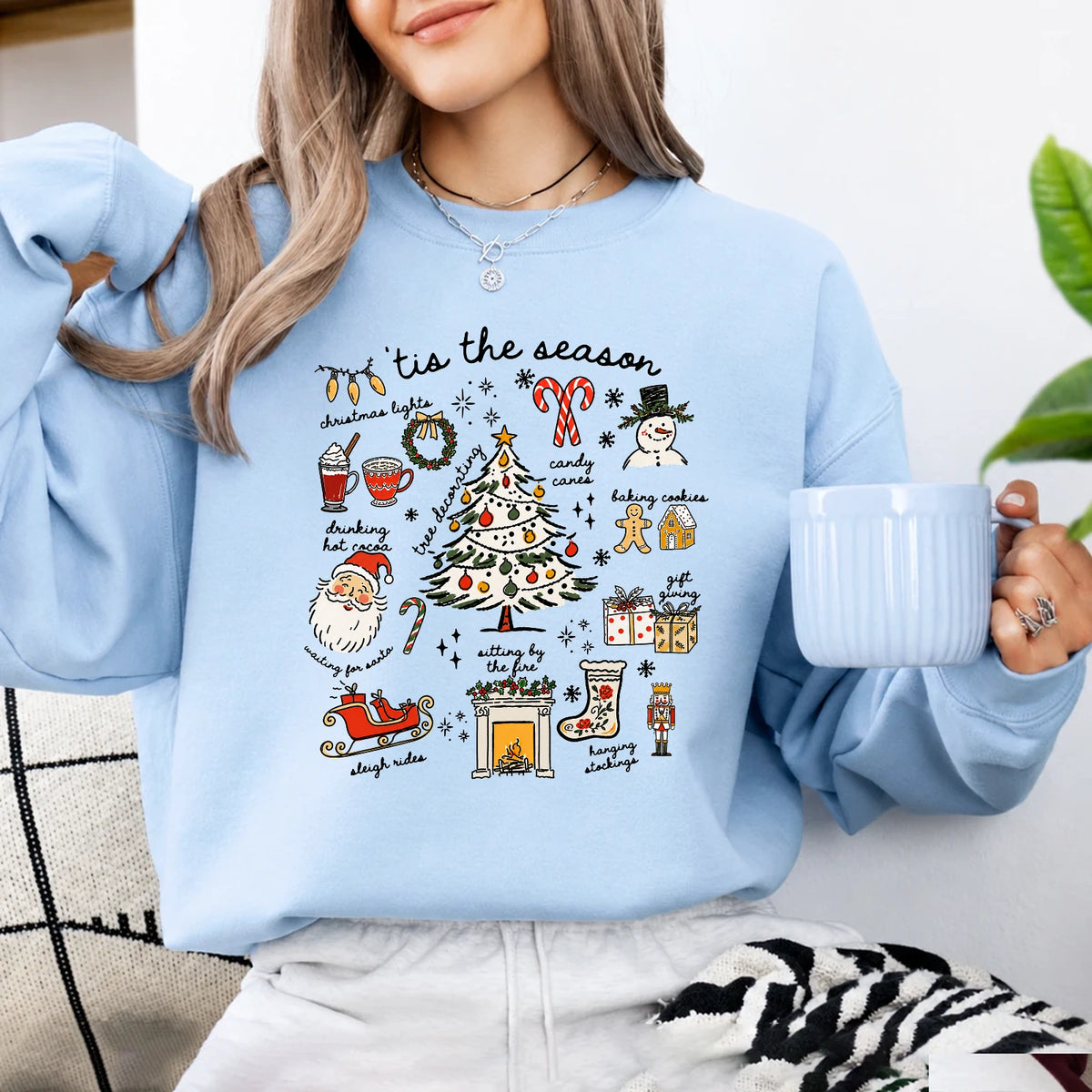 Christmas Sweatshirt Women 'Tis The Season Christmas Doodles Holiday Women Cute Hand Drawn Style