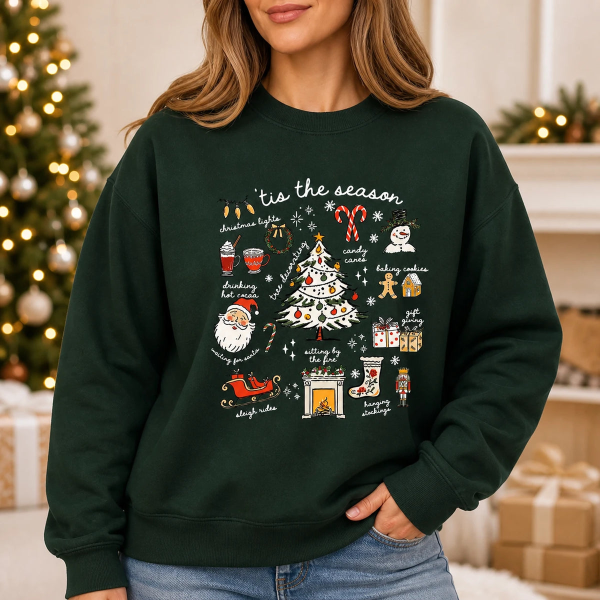 Christmas Sweatshirt Women 'Tis The Season Doodle Collage Cute Holiday Style