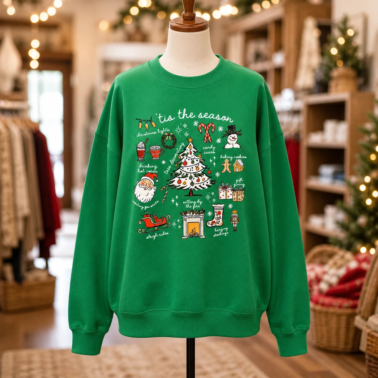 Christmas Sweatshirt Women 'Tis The Season Doodle Collage Cute Holiday Style