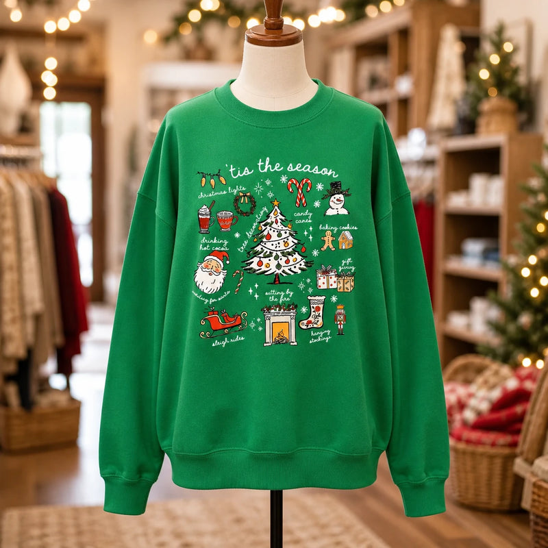 Christmas Sweatshirt Women 'Tis The Season Doodle Collage Cute Holiday Style