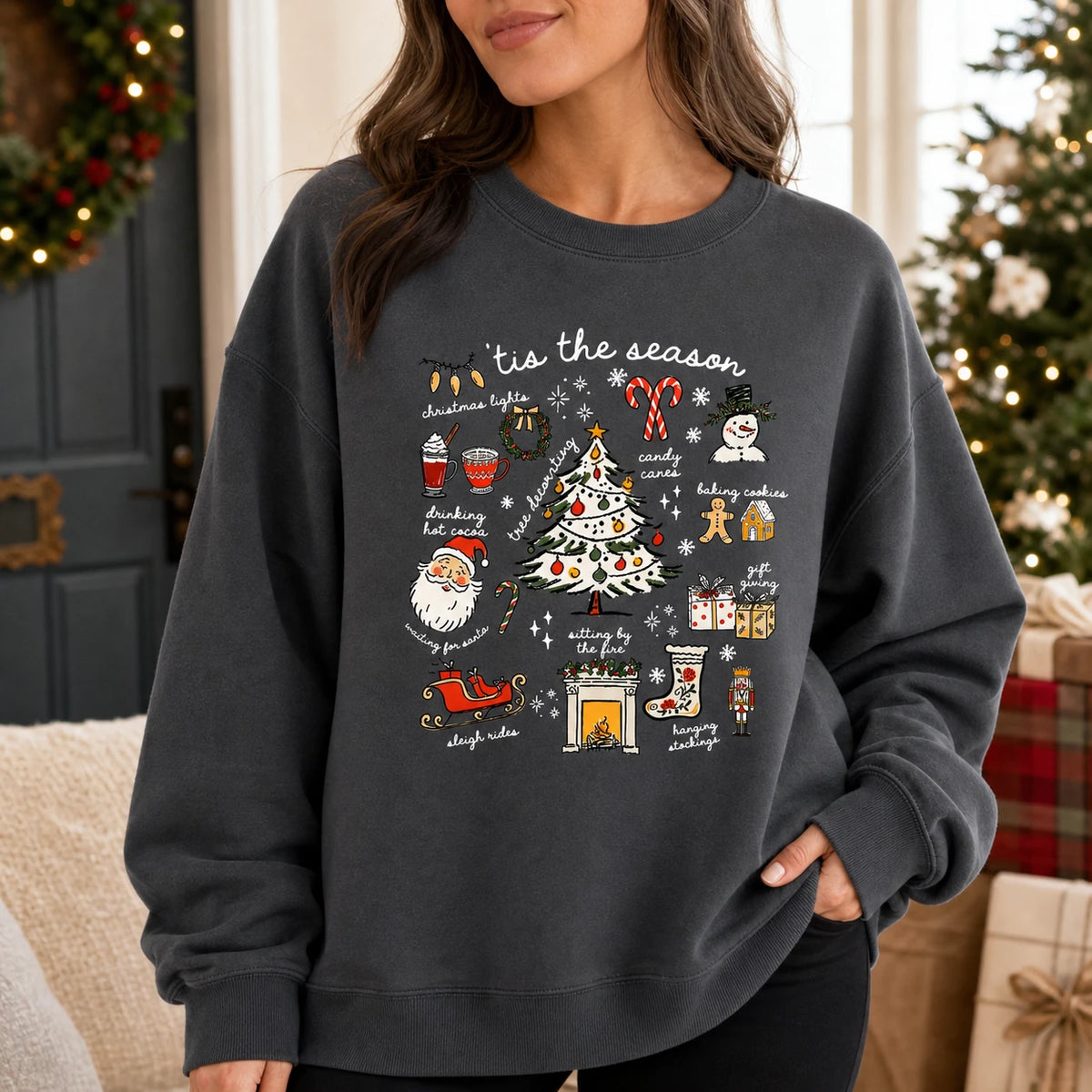 Christmas Sweatshirt Women 'Tis The Season Doodle Collage Cute Holiday Style