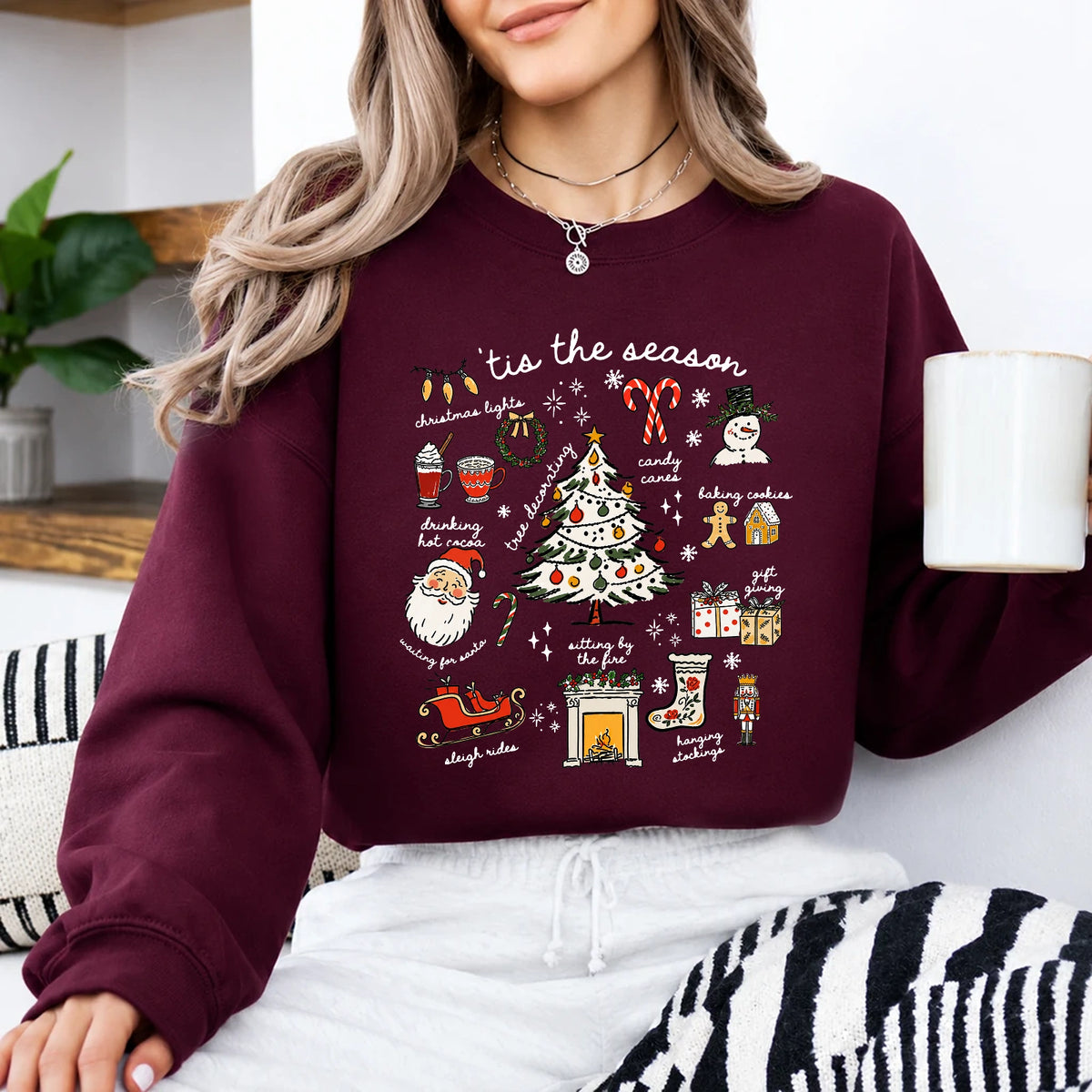 Christmas Sweatshirt Women 'Tis The Season Christmas Doodles Holiday Women Cute Hand Drawn Style