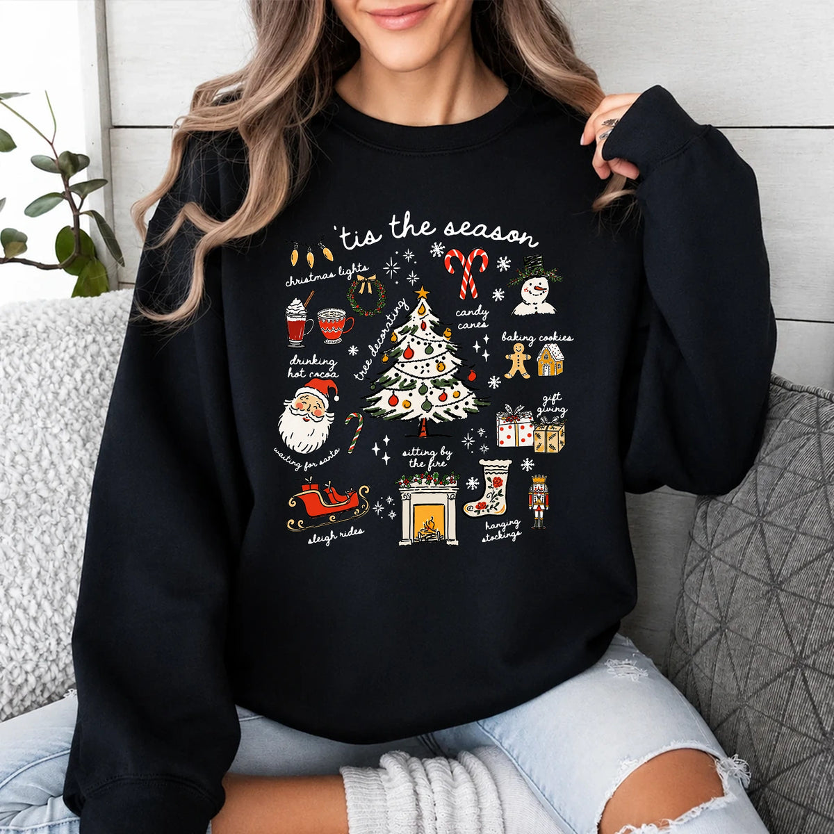 Christmas Sweatshirt Women 'Tis The Season Christmas Doodles Holiday Women Cute Hand Drawn Style