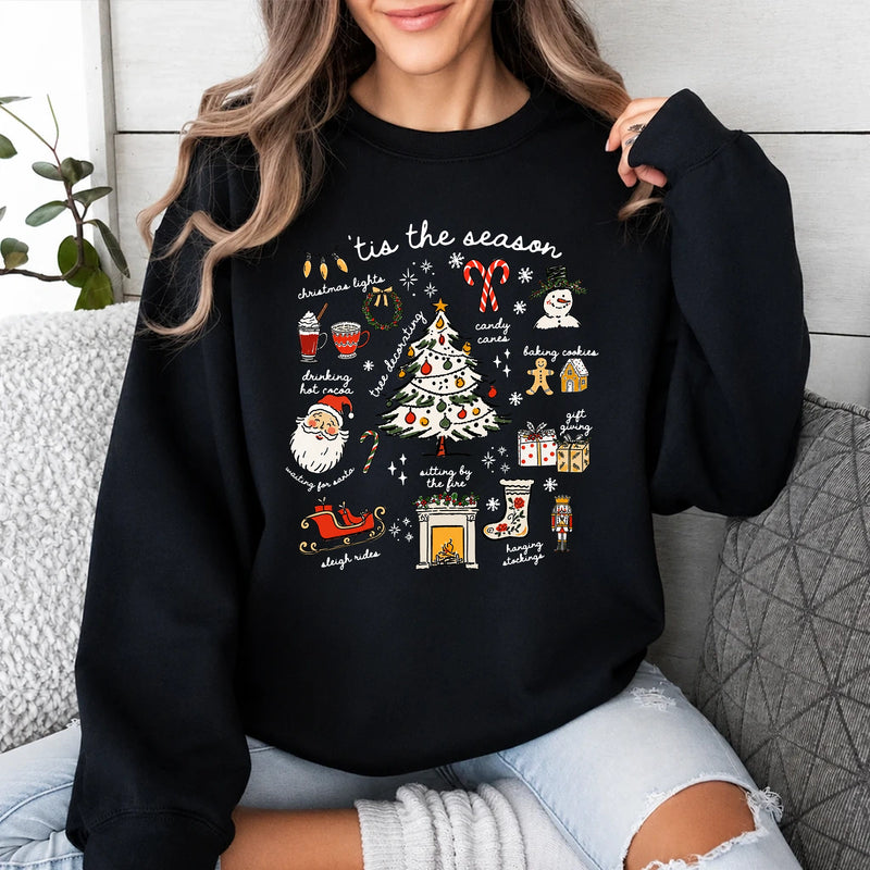 Christmas Sweatshirt Women 'Tis The Season Christmas Doodles Holiday Women Cute Hand Drawn Style
