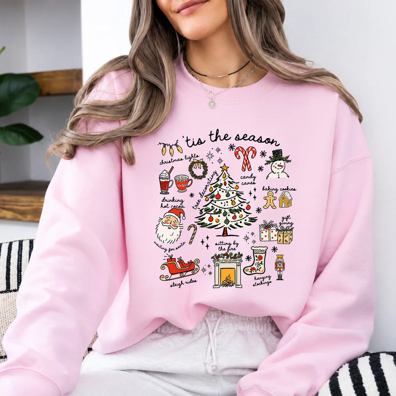 Christmas Sweatshirt Women 'Tis The Season Christmas Doodles Holiday Women Cute Hand Drawn Style