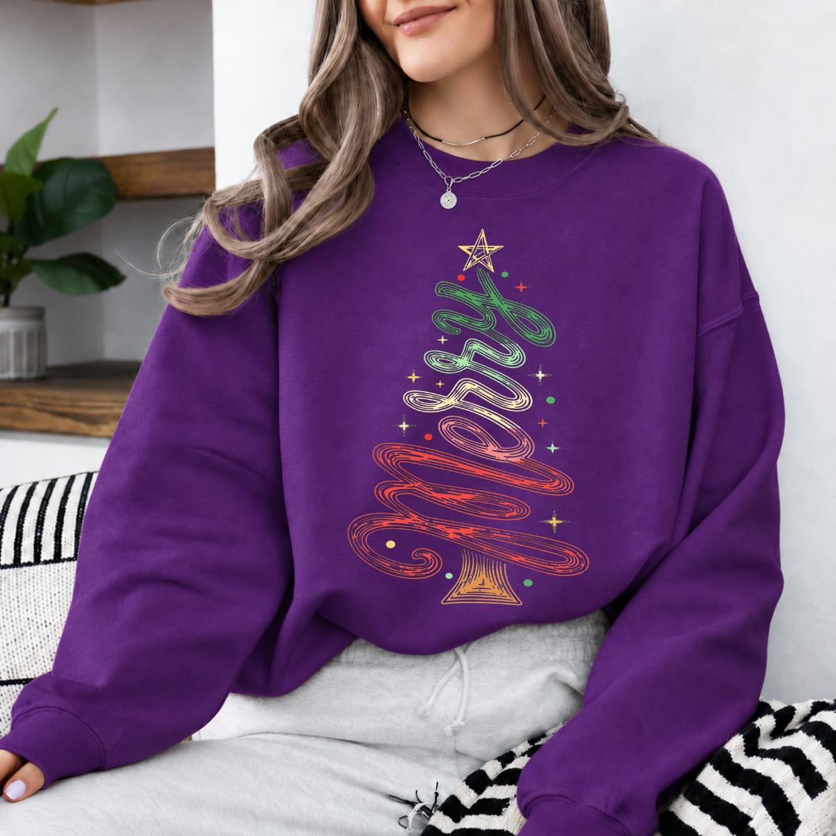 Christmas Tree Sweatshirt, Ribbon Holiday Tree, Christmas Season, Women, Retro Minimalist Design