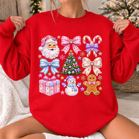 Colorful Christmas Sweatshirt Pink Bow Christmas Icons Holiday Women Cute Coquette Design