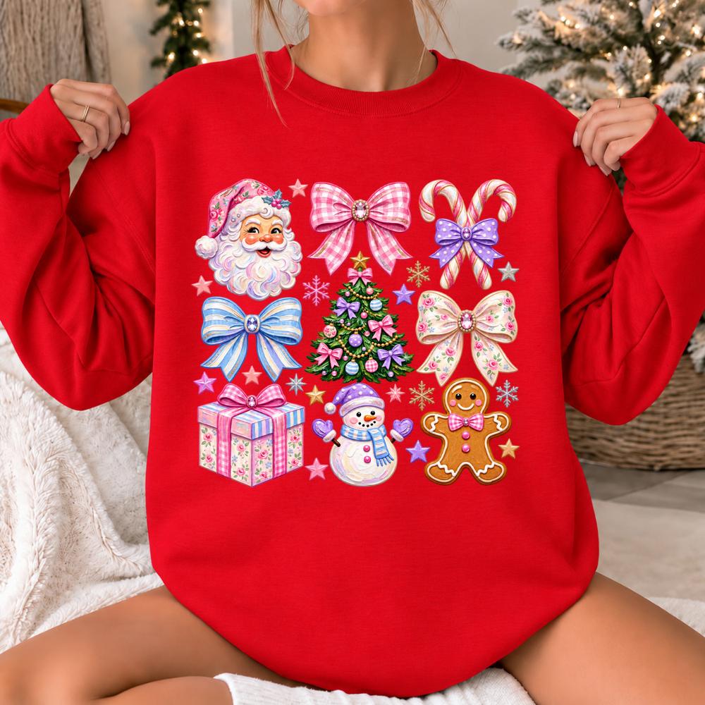 Colorful Christmas Sweatshirt Pink Bow Christmas Icons Holiday Women Cute Coquette Design