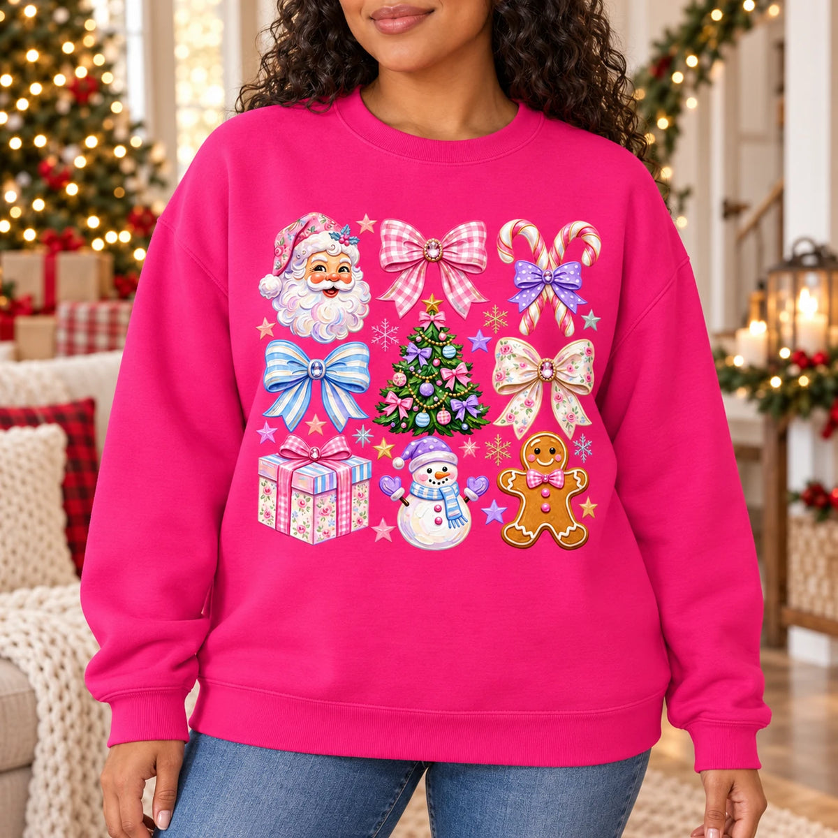 Colorful Christmas Sweatshirt with Santa Snowman Gingerbread Candy Canes and Coquette Bows