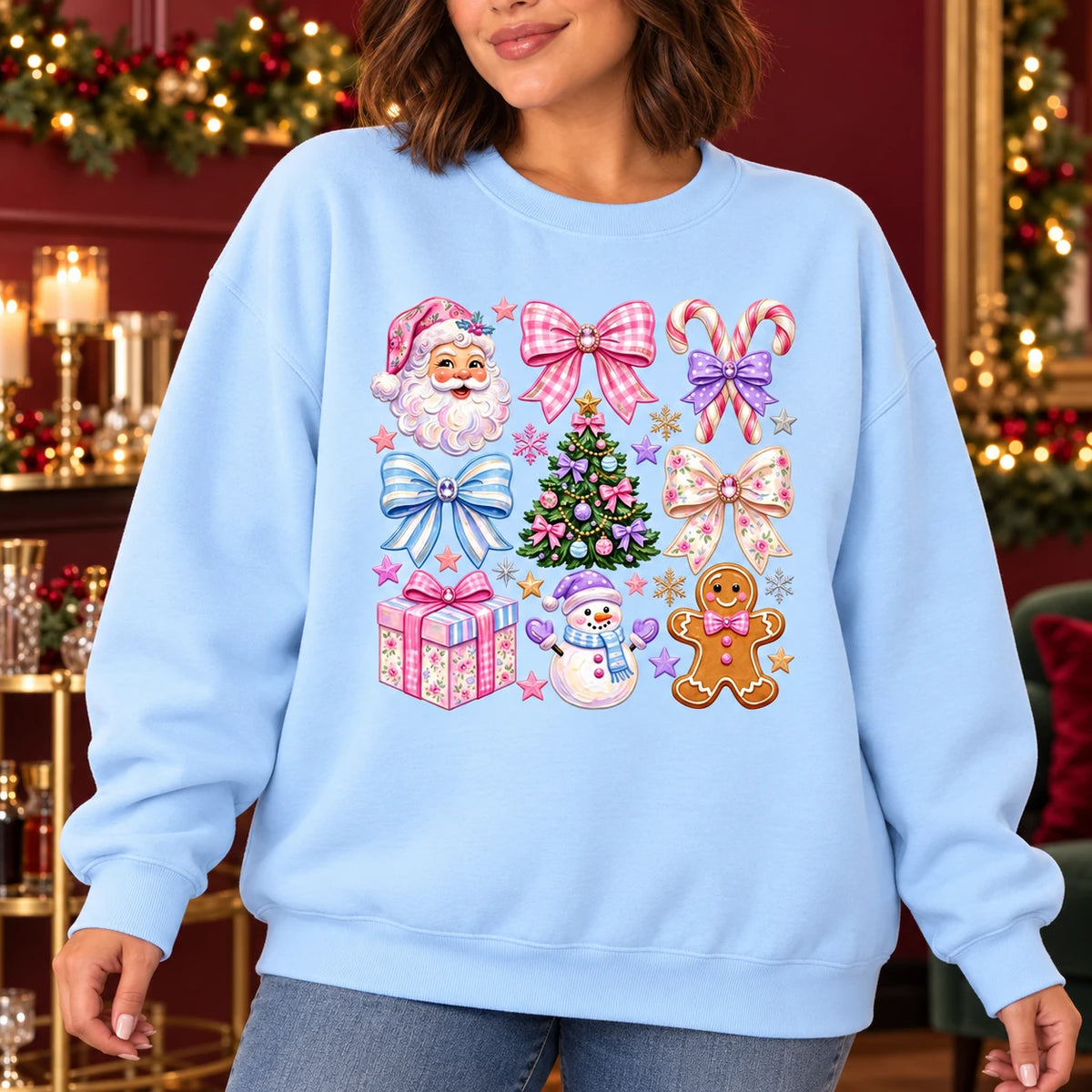 Colorful Christmas Sweatshirt with Santa Snowman Gingerbread Candy Canes and Coquette Bows