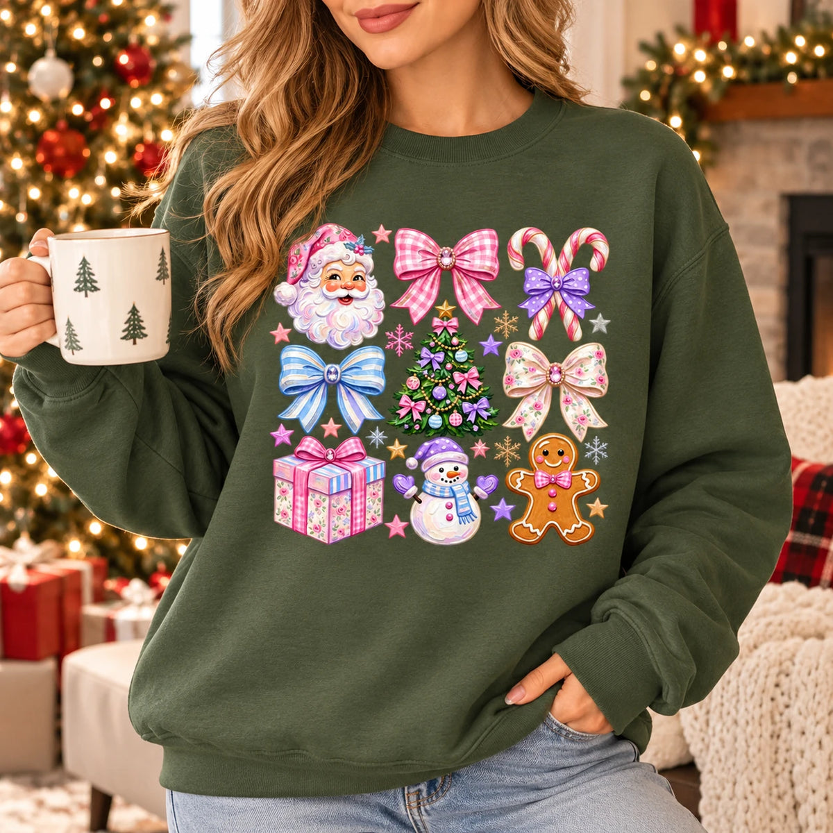Colorful Christmas Sweatshirt with Santa Snowman Gingerbread Candy Canes and Coquette Bows