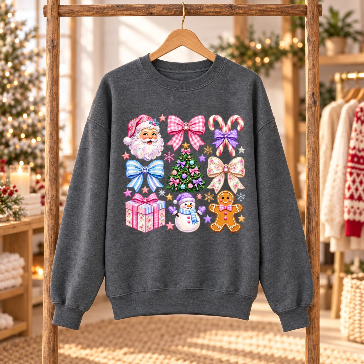 Colorful Christmas Sweatshirt with Santa Snowman Gingerbread Candy Canes and Coquette Bows