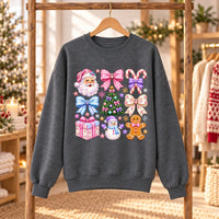 Colorful Christmas Sweatshirt with Santa Snowman Gingerbread Candy Canes and Coquette Bows