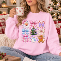 Colorful Christmas Sweatshirt with Santa Snowman Gingerbread Candy Canes and Coquette Bows