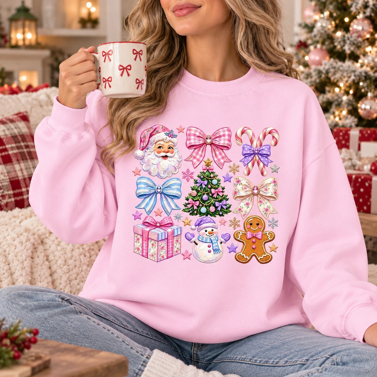 Colorful Christmas Sweatshirt with Santa Snowman Gingerbread Candy Canes and Coquette Bows