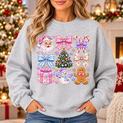 Colorful Christmas Sweatshirt with Santa Snowman Gingerbread Candy Canes and Coquette Bows