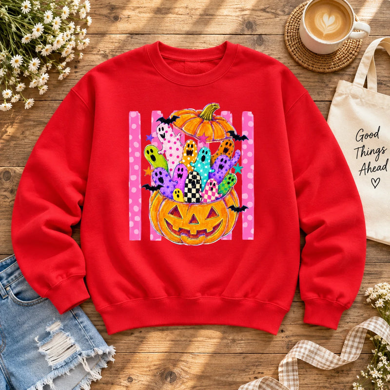 Colorful Ghost Pumpkin Graphic Fall Halloween Casual Top Cute Spooky Retro Shirt