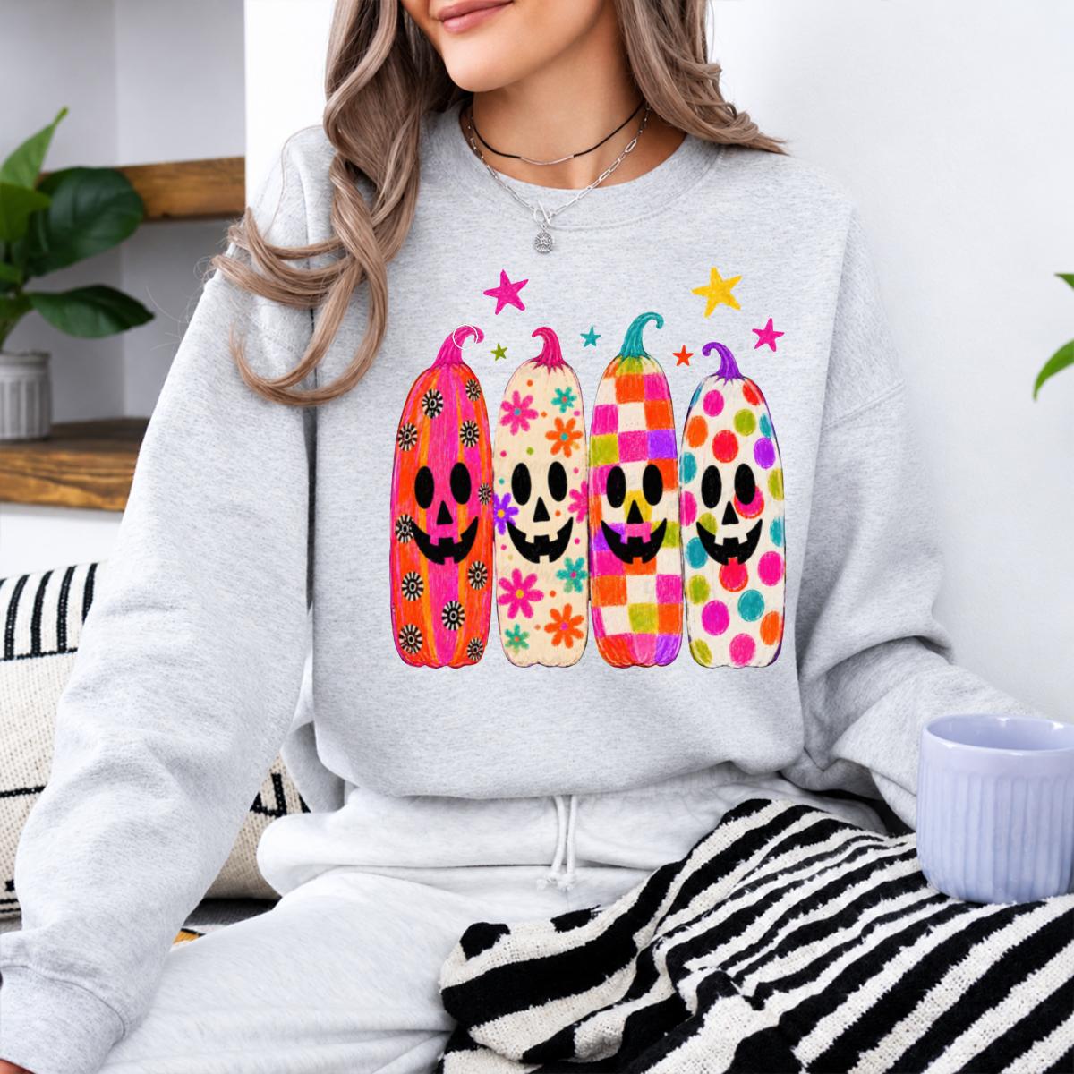 Colorful Halloween Pumpkin Sweatshirt and T-Shirt, Retro Jack O Lantern Graphic Tee, Funky Floral Checkered Pumpkin Shirt, Cute Spooky Season Fall Gift for Women