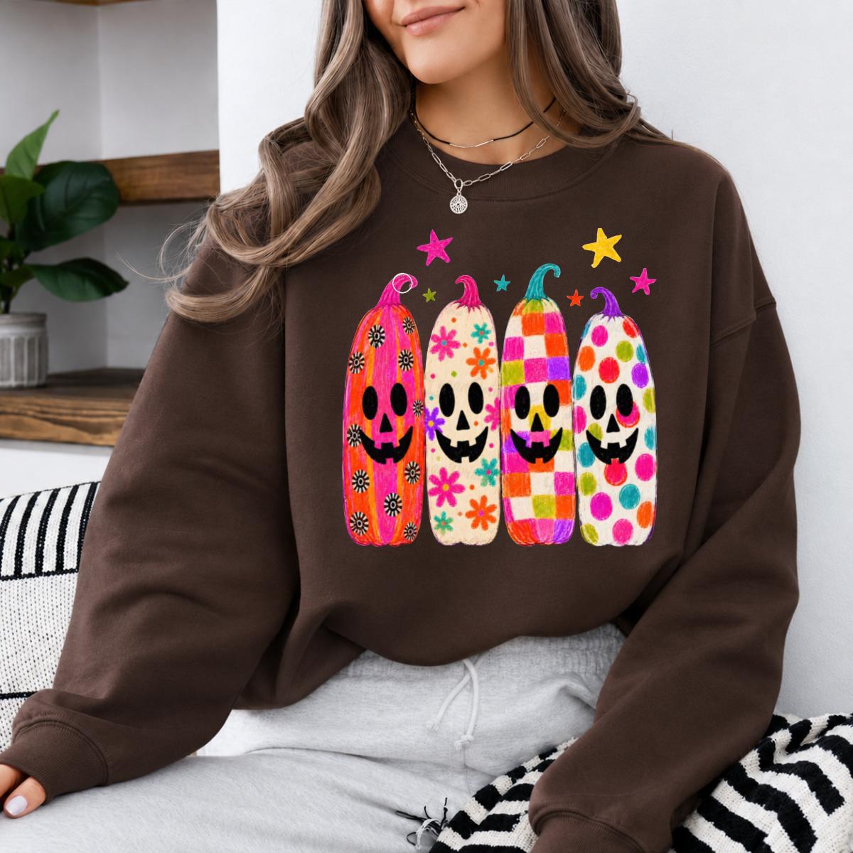 Colorful Halloween Pumpkin Sweatshirt and T-Shirt, Retro Jack O Lantern Graphic Tee, Funky Floral Checkered Pumpkin Shirt, Cute Spooky Season Fall Gift for Women