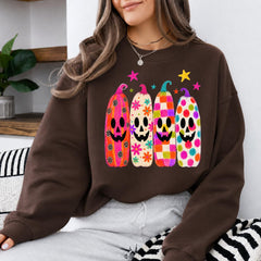 Colorful Halloween Pumpkin Sweatshirt and T-Shirt, Retro Jack O Lantern Graphic Tee, Funky Floral Checkered Pumpkin Shirt, Cute Spooky Season Fall Gift for Women