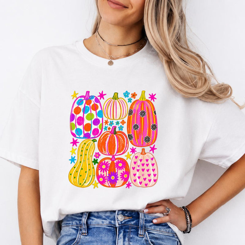 Colorful Pumpkin Sweatshirt and T-Shirt Groovy Pumpkin Patch Fall Thanksgiving Women Cute Retro Floral Design
