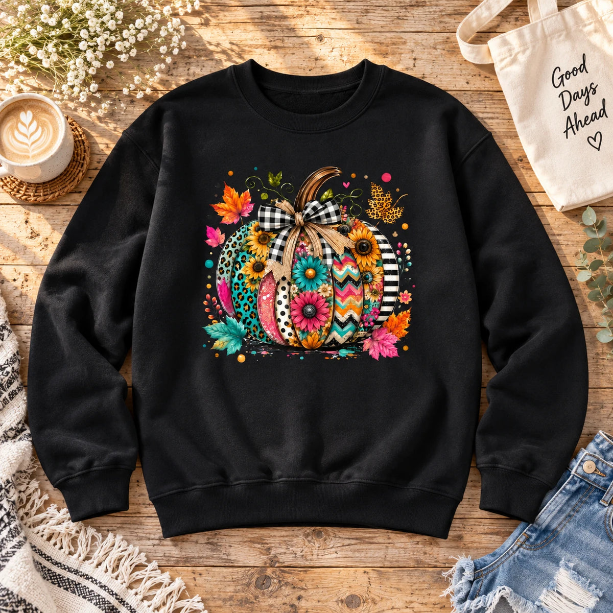 Colorful Pumpkin Sweatshirt and T-Shirt Boho Fall Floral Graphic for Women
