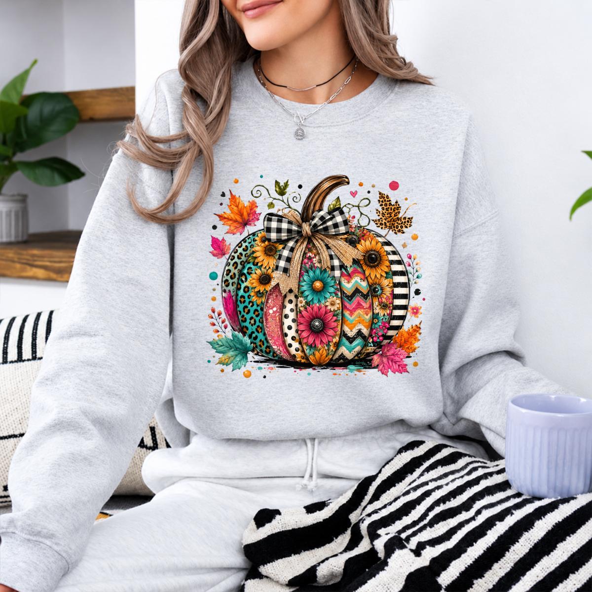 Colorful Pumpkin Sweatshirt and T-Shirt Boho Floral Pumpkin Fall Women Cute Autumn Boutique Design