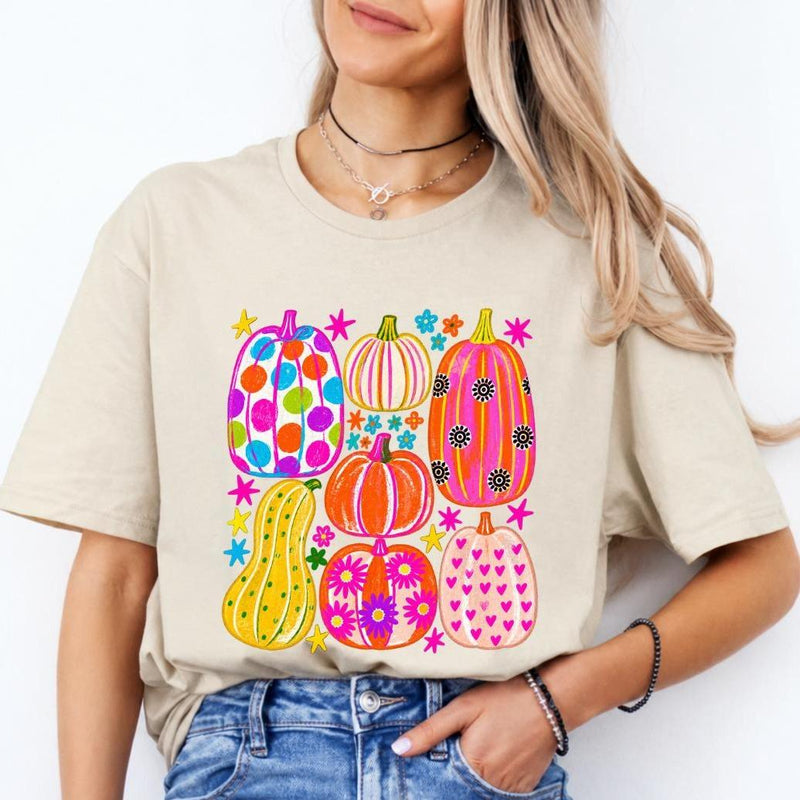 Colorful Pumpkin Sweatshirt and T-Shirt Groovy Pumpkin Patch Fall Thanksgiving Women Cute Retro Floral Design