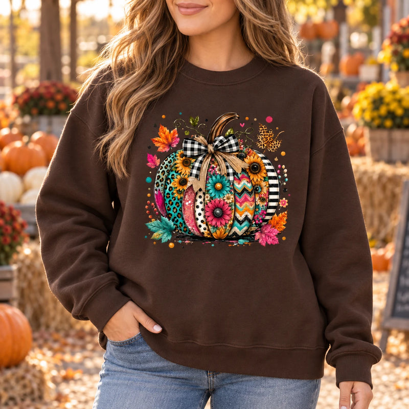 Colorful Pumpkin Sweatshirt and T-Shirt Boho Fall Floral Graphic for Women