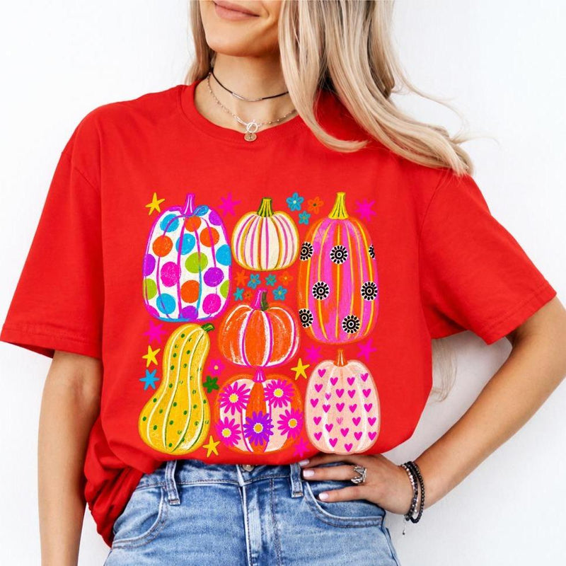 Colorful Pumpkin Sweatshirt and T-Shirt Groovy Pumpkin Patch Fall Thanksgiving Women Cute Retro Floral Design