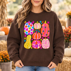 Colorful Pumpkin Sweatshirt and T-Shirt, Groovy Retro Pumpkin Patch Fall Thanksgiving for Women