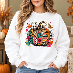 Colorful Pumpkin Sweatshirt and T-Shirt Boho Fall Floral Graphic for Women