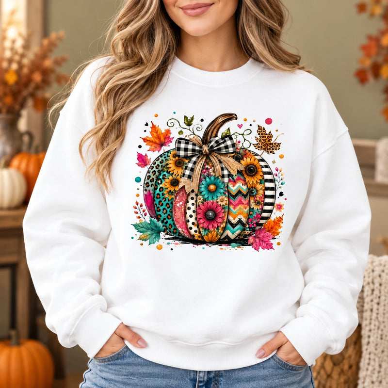 Colorful Pumpkin Sweatshirt and T-Shirt Boho Fall Floral Graphic for Women