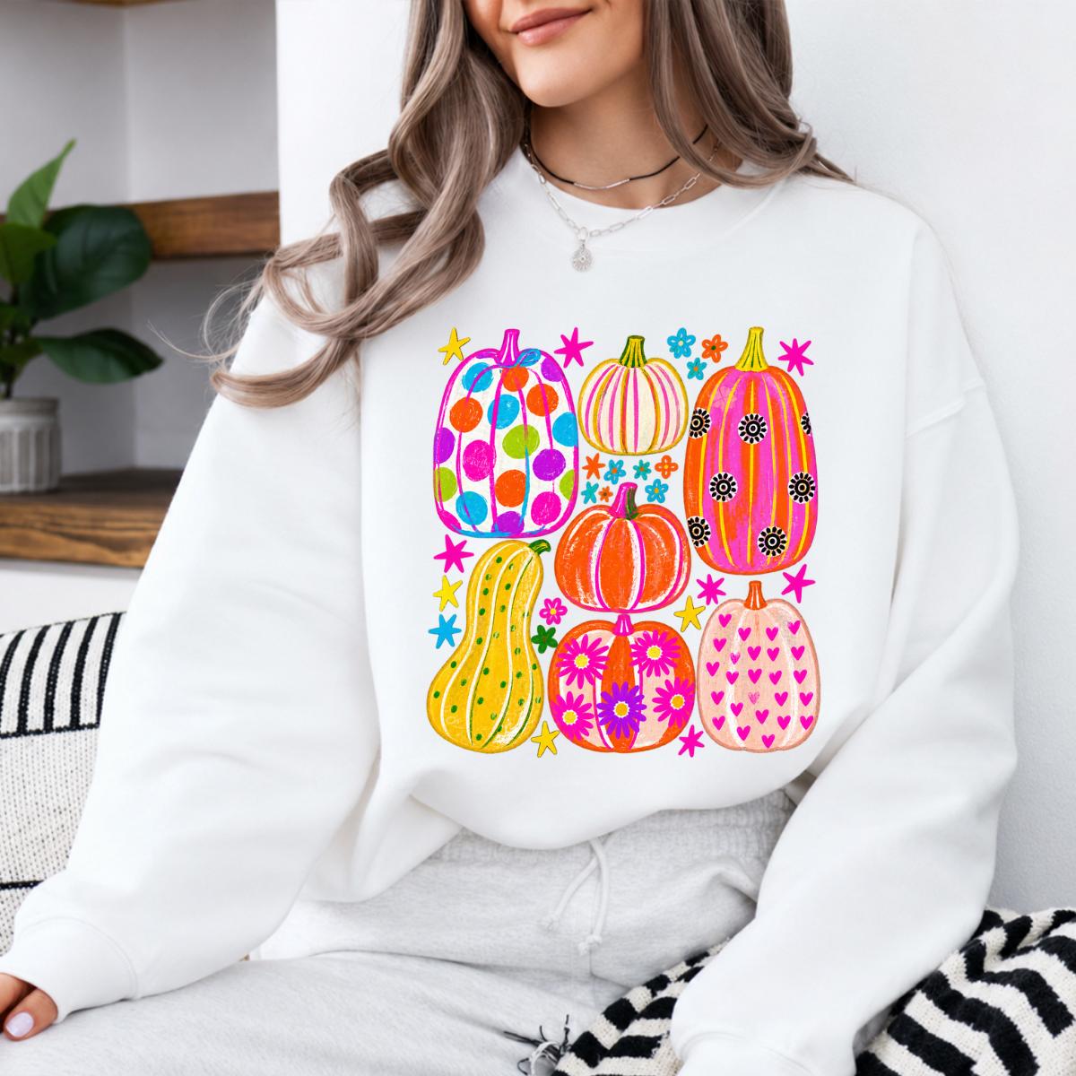 Colorful Pumpkin Sweatshirt and T-Shirt Groovy Pumpkin Patch Fall Thanksgiving Women Cute Retro Floral Design