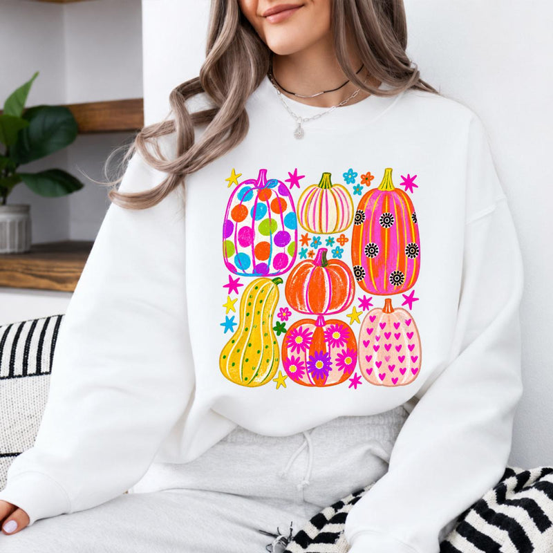Colorful Pumpkin Sweatshirt and T-Shirt Groovy Pumpkin Patch Fall Thanksgiving Women Cute Retro Floral Design