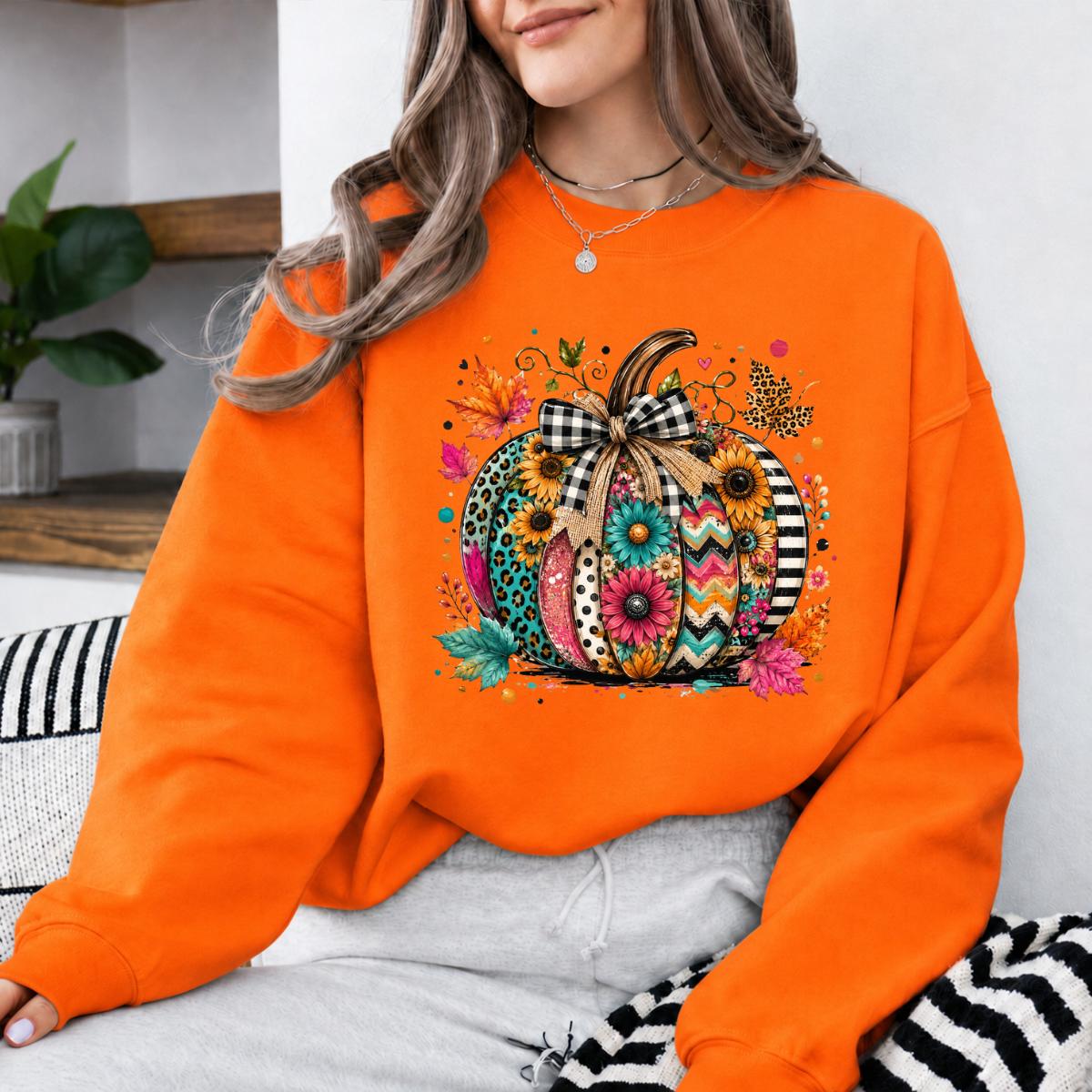 Colorful Pumpkin Sweatshirt and T-Shirt Boho Floral Pumpkin Fall Women Cute Autumn Boutique Design