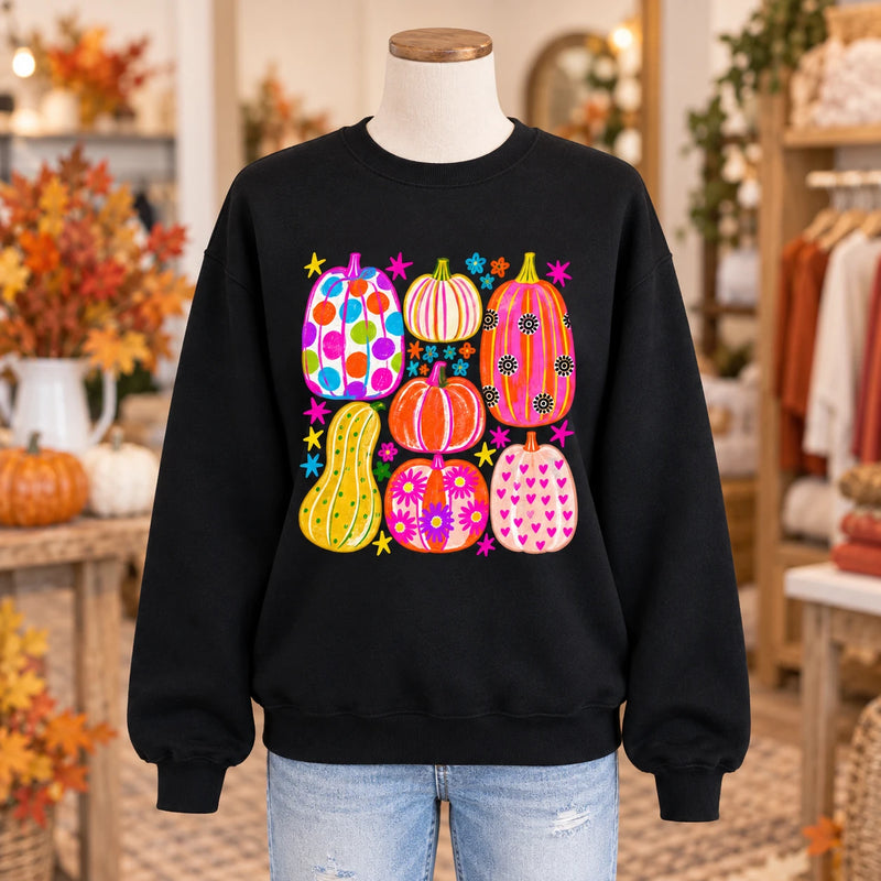 Colorful Pumpkin Sweatshirt and T-Shirt, Groovy Retro Pumpkin Patch Fall Thanksgiving for Women