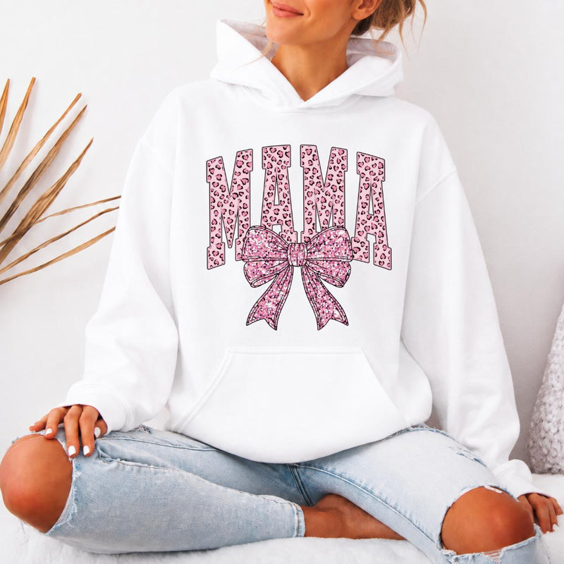 Coquette Bow Grandma Hoodie, Custom Pink Leopard Family Name Design, Personalized Nana Gigi Mama Auntie Gift for Mom Grandma Aunt, Women Coquette Pink Bow Style
