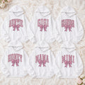 Coquette Bow Grandma Hoodie, Custom Pink Leopard Family Name Design, Personalized Nana Gigi Mama Auntie Gift for Mom Grandma Aunt, Women Coquette Pink Bow Style