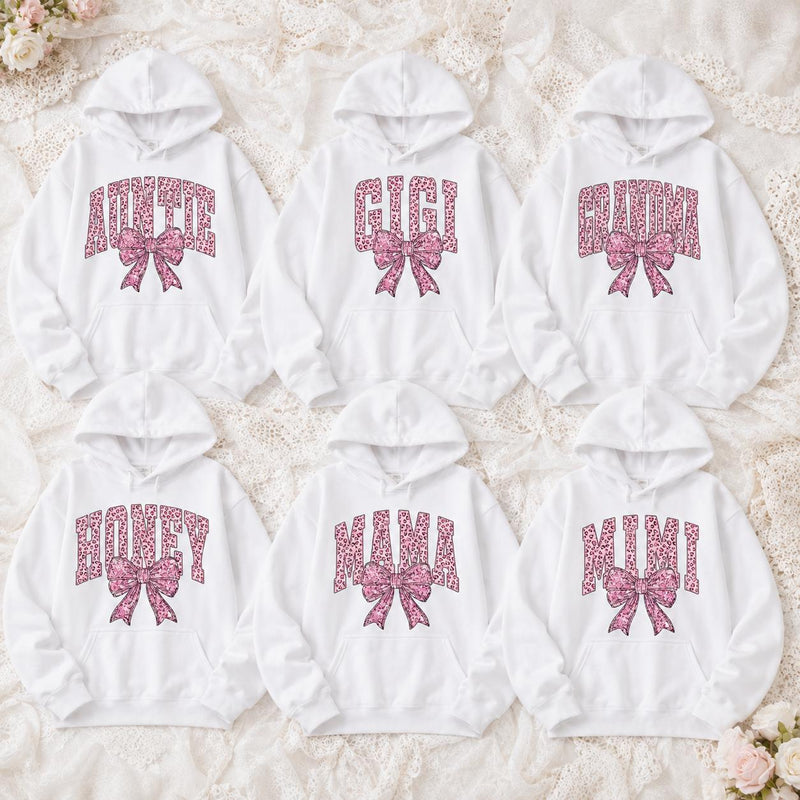 Coquette Bow Grandma Hoodie, Custom Pink Leopard Family Name Design, Personalized Nana Gigi Mama Auntie Gift for Mom Grandma Aunt, Women Coquette Pink Bow Style