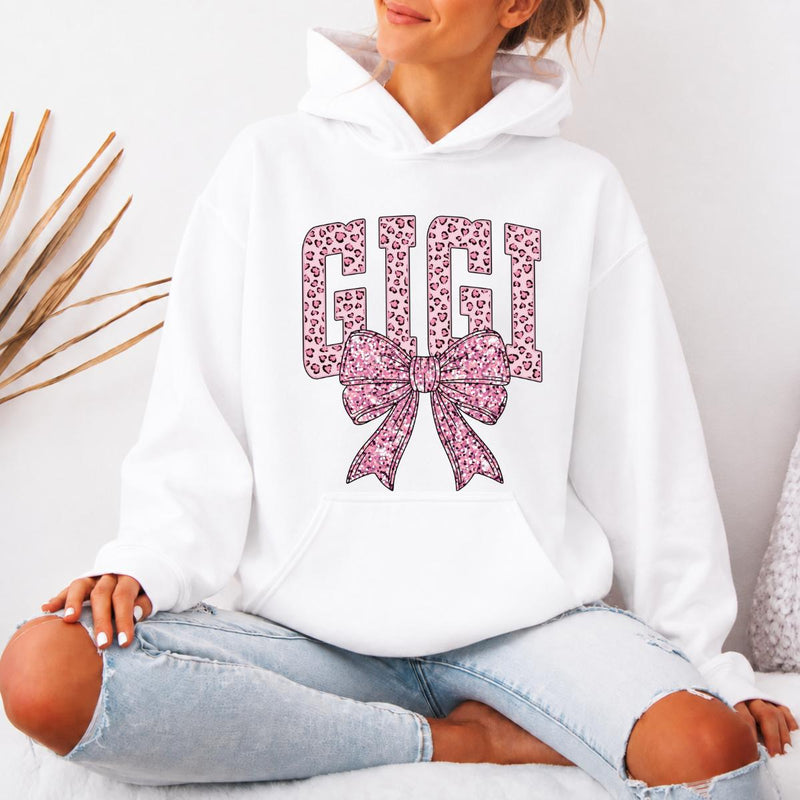 Coquette Bow Grandma Hoodie, Custom Pink Leopard Family Name Design, Personalized Nana Gigi Mama Auntie Gift for Mom Grandma Aunt, Women Coquette Pink Bow Style