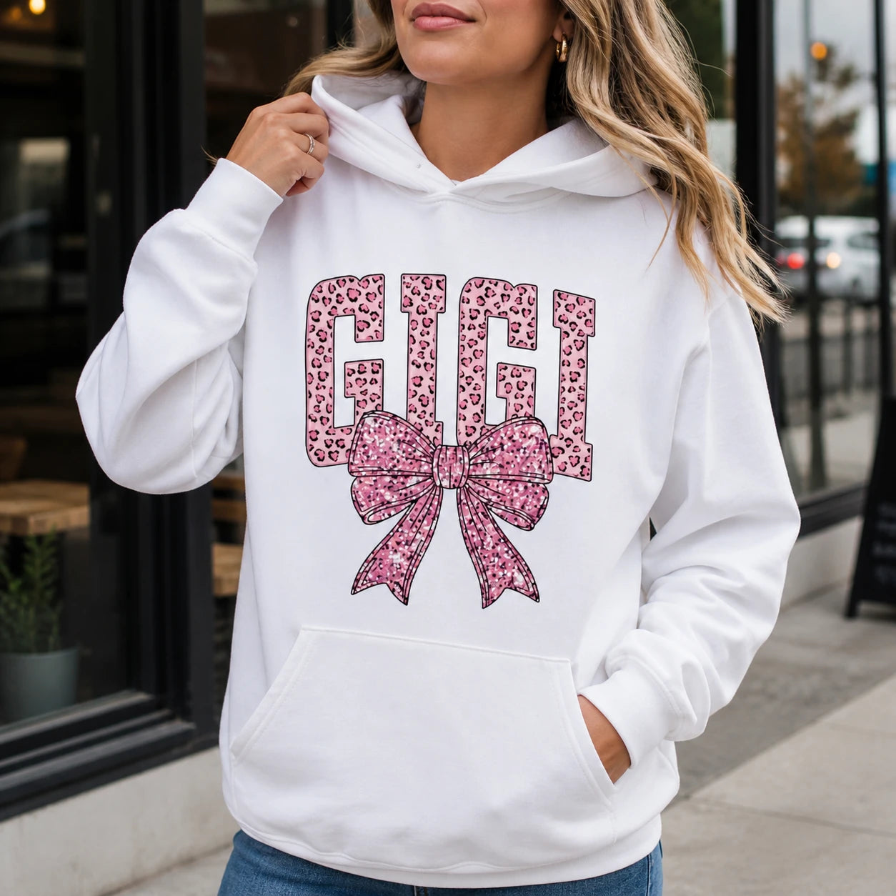 Coquette Bow Grandma Hoodie, Custom Pink Leopard Family Name Design, Personalized Nana Gigi Mama Auntie Gift for Mom Grandma Aunt, Women Coquette Pink Bow Style