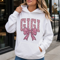 Coquette Bow Grandma Hoodie, Custom Pink Leopard Family Name Design, Personalized Nana Gigi Mama Auntie Gift for Mom Grandma Aunt, Women Coquette Pink Bow Style