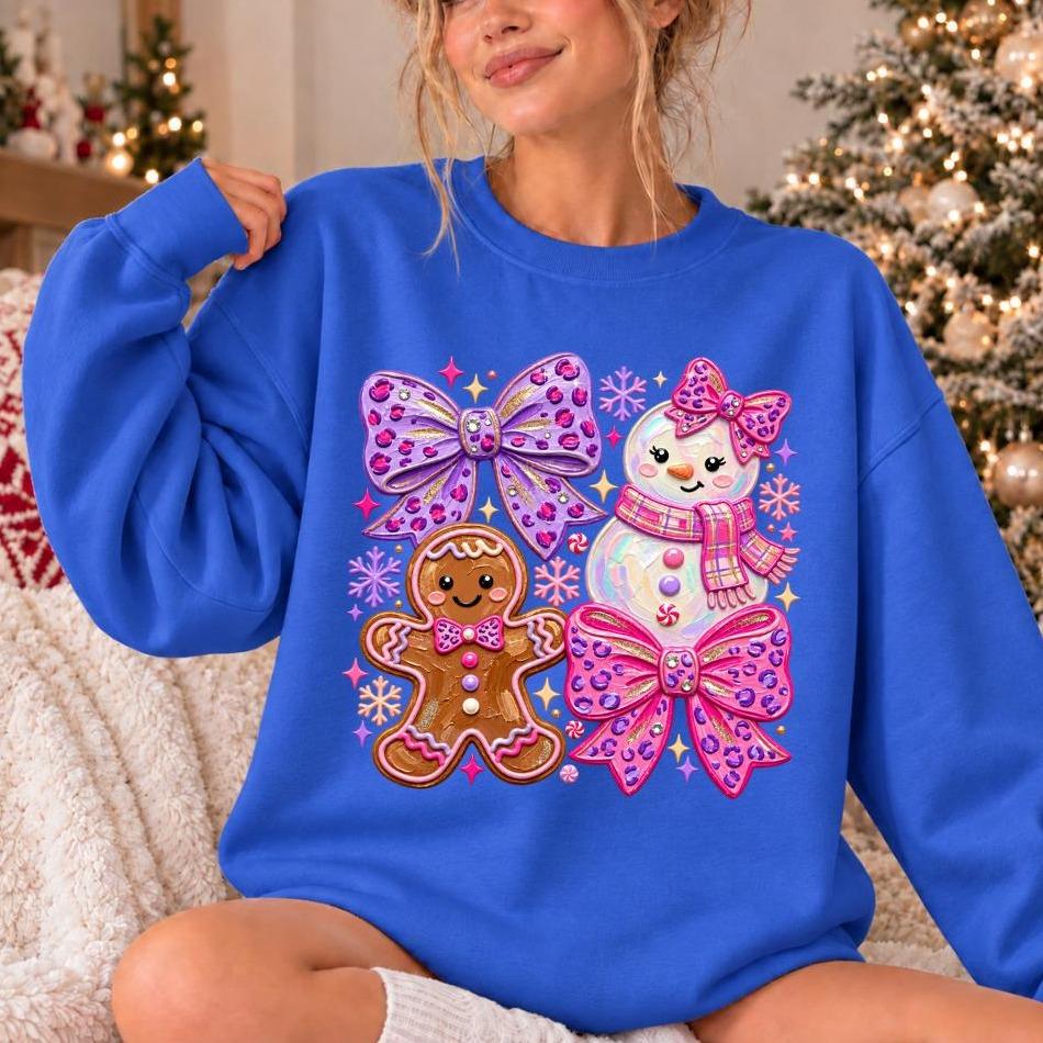 Coquette Christmas Outfit Cute Gingerbread Snowman Bows Sweatshirt Holiday Women Kawaii Pink Purple Design