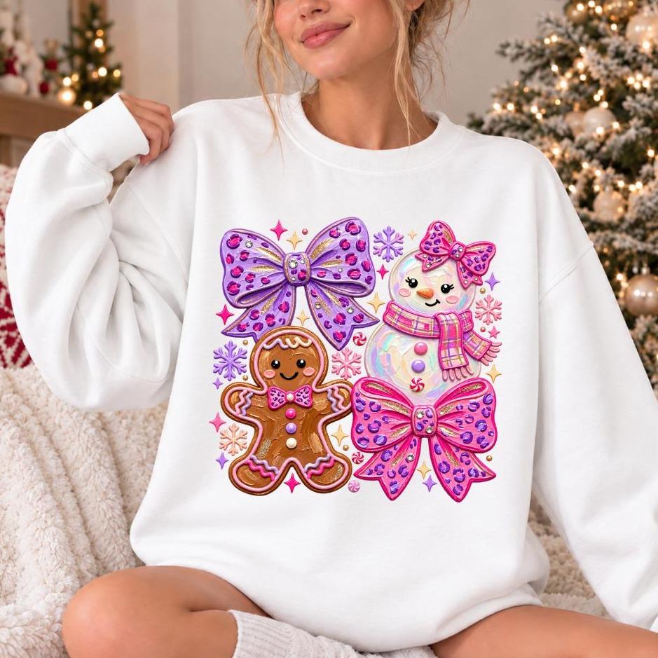 Coquette Christmas Outfit Cute Gingerbread Snowman Bows Sweatshirt Holiday Women Kawaii Pink Purple Design