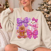 Coquette Christmas Outfit Cute Gingerbread Snowman Bows Sweatshirt Holiday Women Kawaii Pink Purple Design