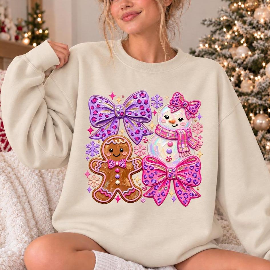 Coquette Christmas Outfit Cute Gingerbread Snowman Bows Sweatshirt Holiday Women Kawaii Pink Purple Design