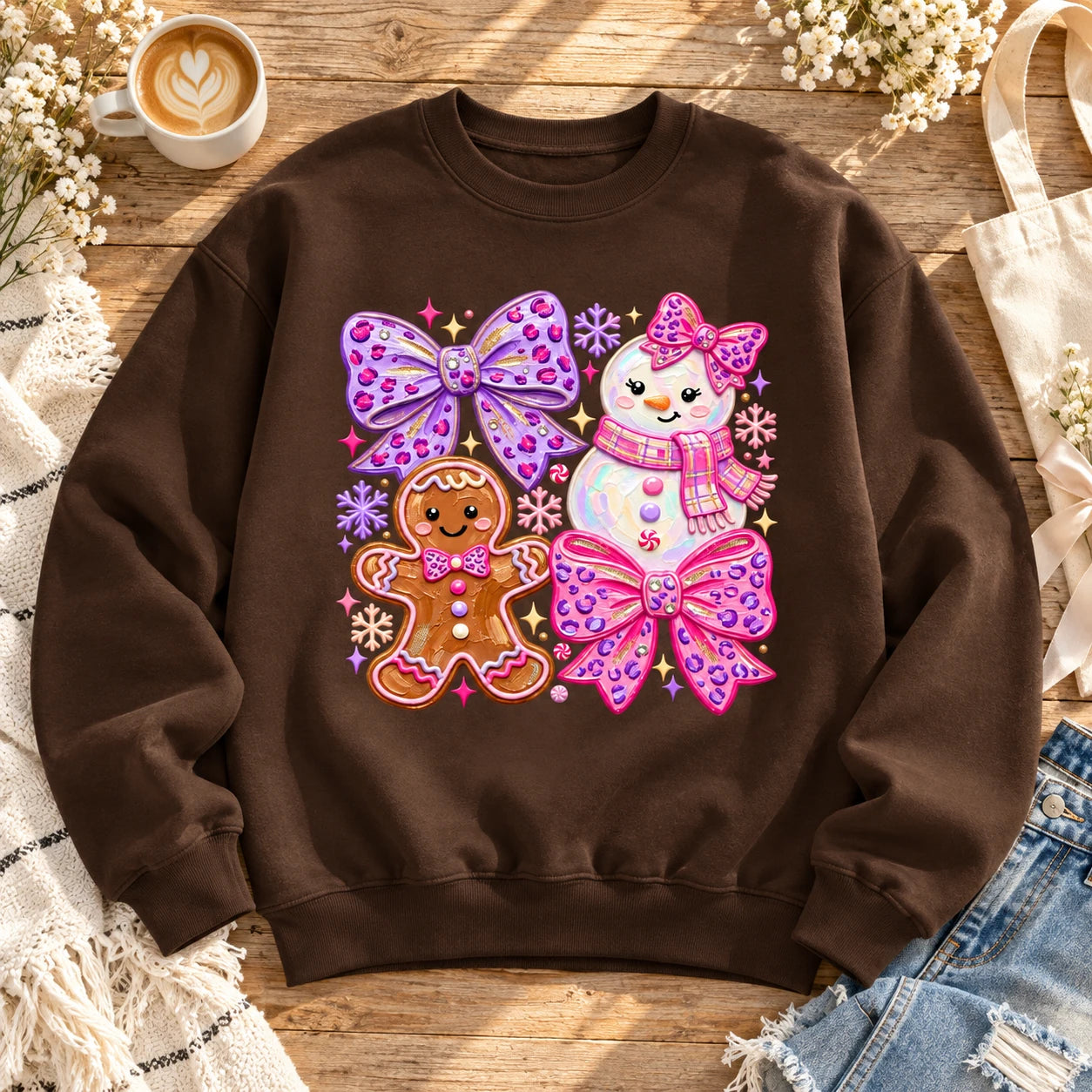 Coquette Christmas Sweatshirt for Women with Gingerbread Snowman Pink Purple Bows