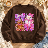 Coquette Christmas Sweatshirt for Women with Gingerbread Snowman Pink Purple Bows